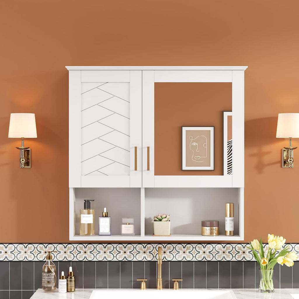 Merax 2-in-1 Bathroom Mirror Cabinet, 30 inch Wall Mounted Medicine Cabinet with Adjustable Shelves & Soft Close Doors, High-Define Mirror with Storage for Bathroom Vanity, White