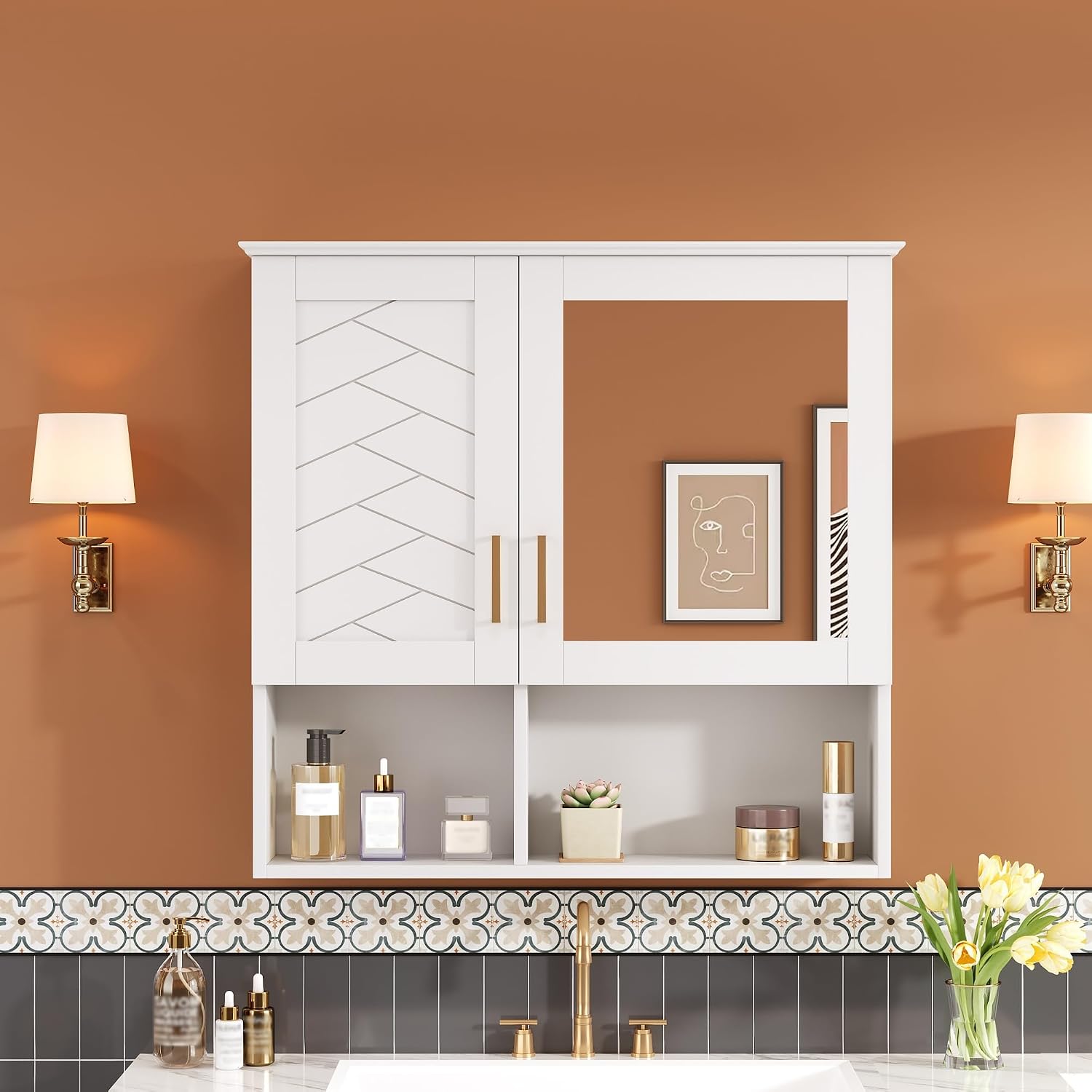 Merax 2-in-1 Bathroom Mirror Cabinet, 30 inch Wall Mounted Medicine Cabinet with Adjustable Shelves & Soft Close Doors, High-Define Mirror with Storage for Bathroom Vanity, White