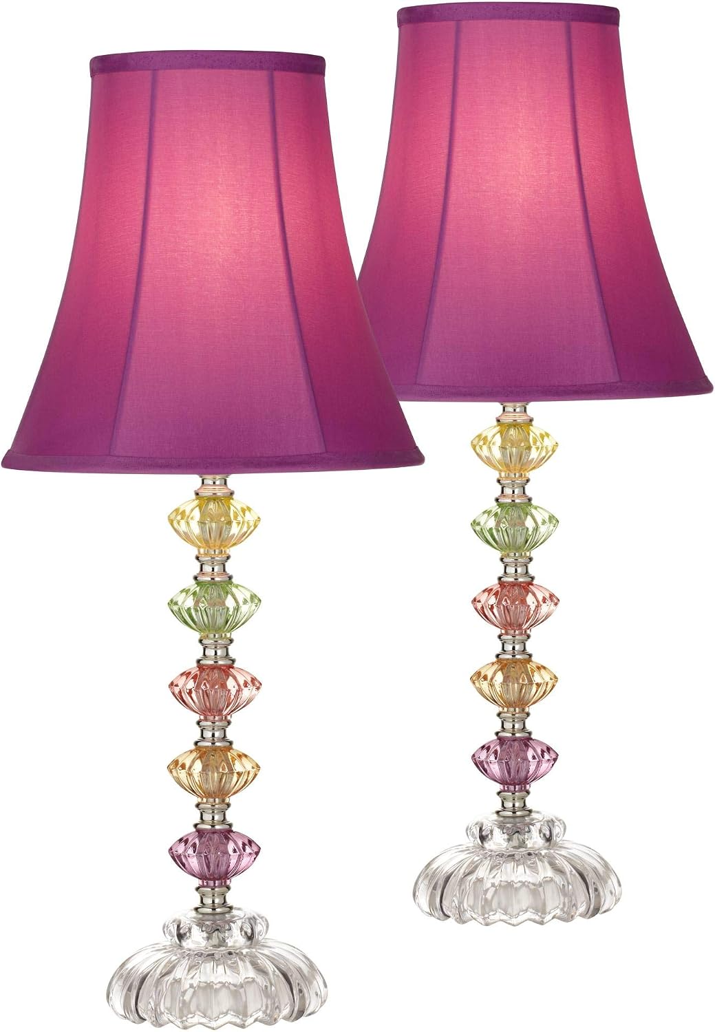 360 Lighting Bohemian Traditional Chic Style Accent Table Lamps 21' High Set of 2 Multi Colored Stacked Glass Deep Pink Bell Shade Decor for Kids Girls Room Bedroom Bedside House Nightstand