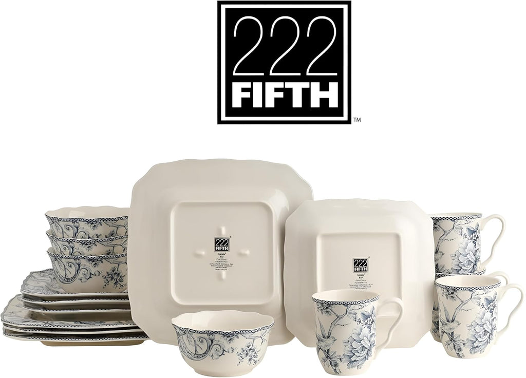 222 Fifth Adelaide Blue 16-Piece Floral Porcelain Dinnerware Set | Microwave and Dishwasher Safe Dining Set for 4 | Stackable and Chip-Resistant Plates Bowls and Cups | Gift for Housewarming & Wedding
