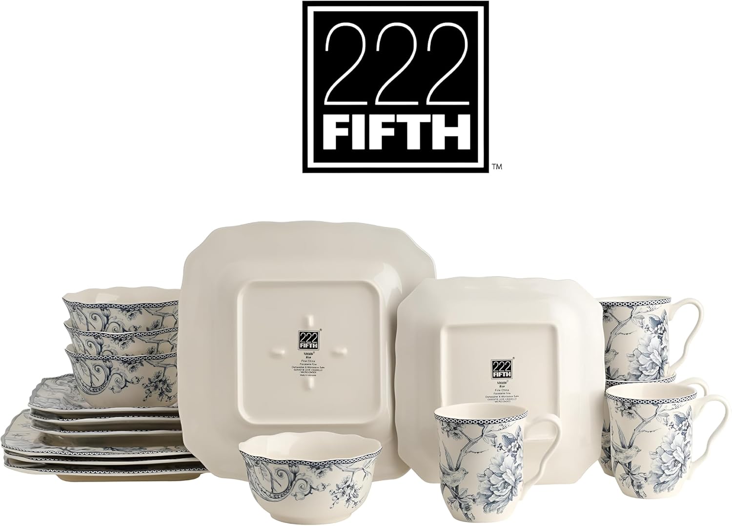 222 Fifth Adelaide Blue 16-Piece Floral Porcelain Dinnerware Set | Microwave and Dishwasher Safe Dining Set for 4 | Stackable and Chip-Resistant Plates Bowls and Cups | Gift for Housewarming & Wedding