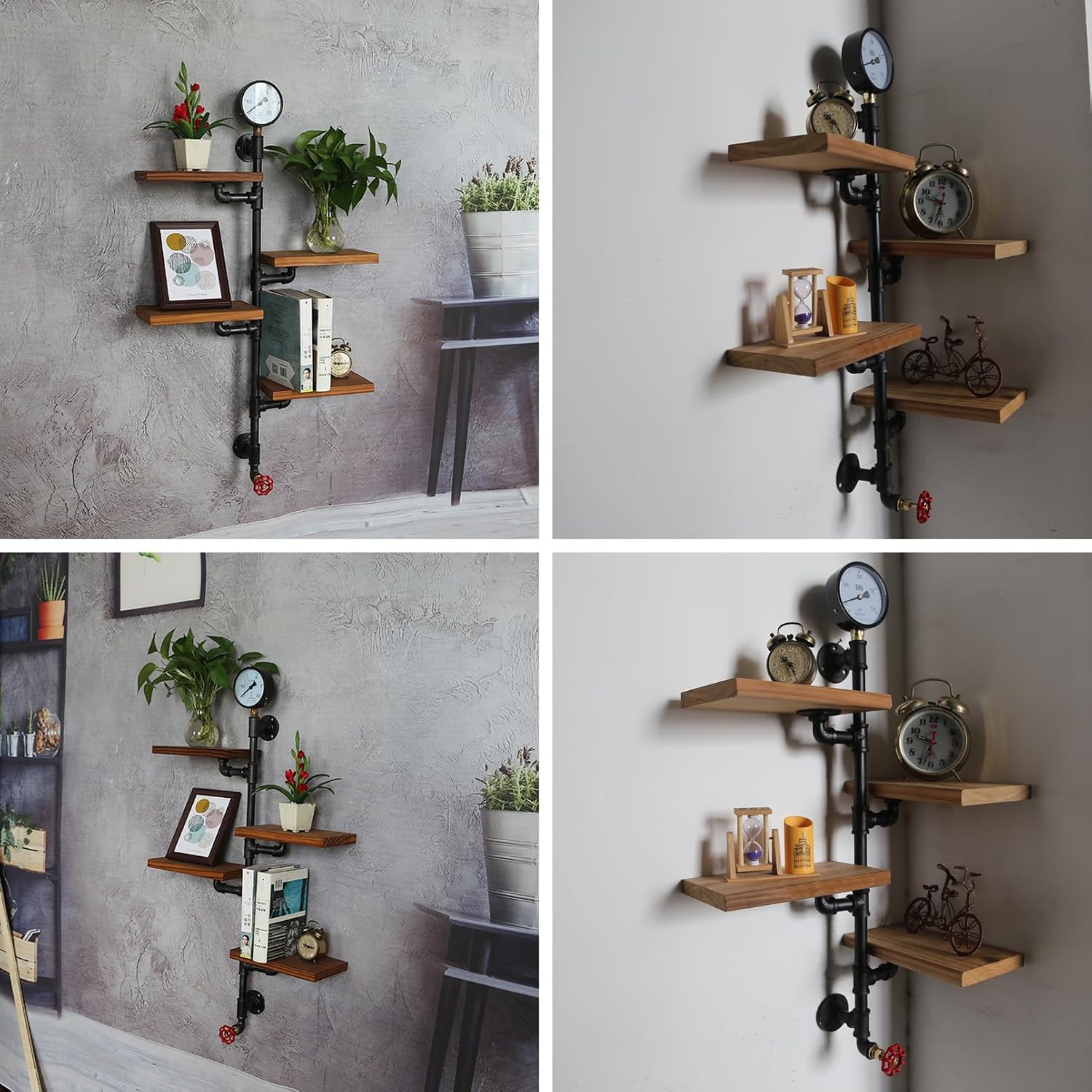Black, Industrial Pipe Shelf Bracket, 4 Tiers Retro Wall Mounted Floating Shelf, Corner Floating Shelves Wall Mounted, Retro Rustic Industrial Shelf for Bar Kitchen Living Room