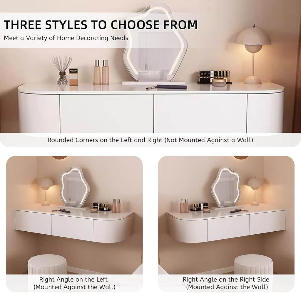 Corner Floating Desk with Drawers, Floating Vanity Makeup Table, Small Wall Mounted Floating Dressing Table Wall Storage Set, Wood Floating Shelf with Drawers, Modern White Vanity with Lighted Mirror(