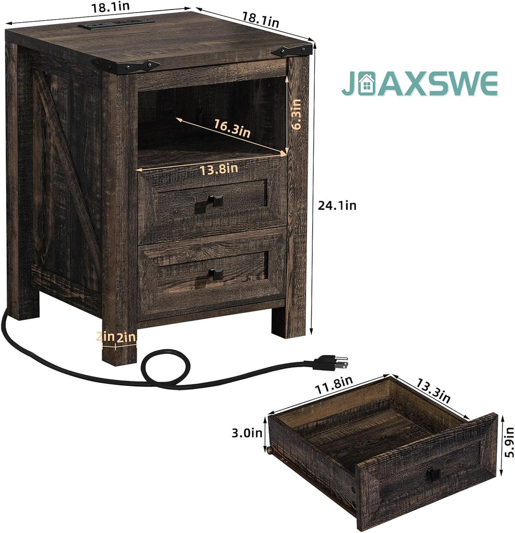 Joaxswe Nightstands Set of 2 with Charging Station, Farmhouse Night Stand with 2 Drawers and Shelf Storage, Wooden Side End Table, Bedside Cabinet for Bedroom, Living Room, Closet,Office (Dark Drey)