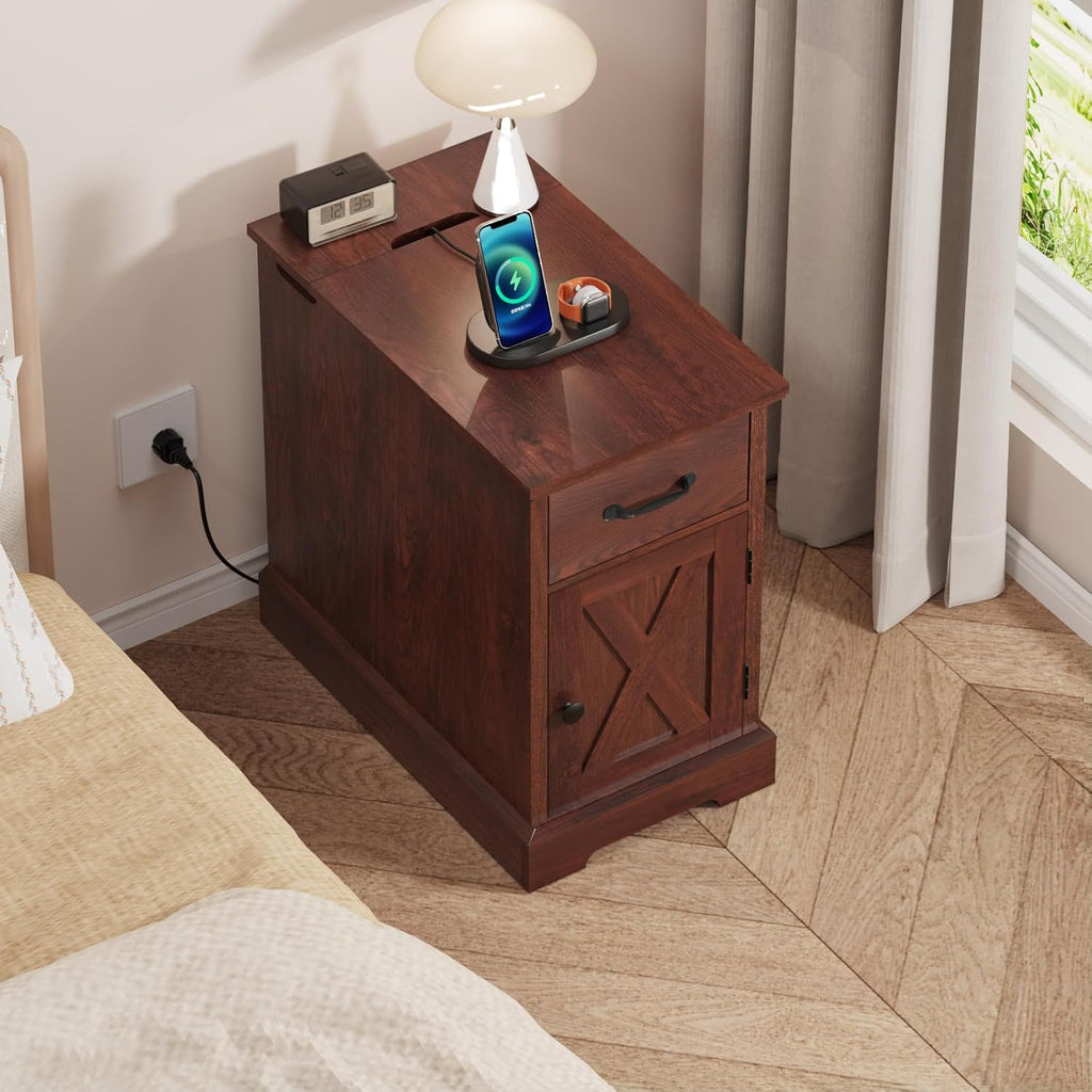 HOMMPA Farmhouse End Table with Charging Station Set of 2, 23.6'' Narrow Side Table with Barn Door Roman Column Design, Rustic Wood Sofa Side Table with Drawer & Cabinet for Living Room, Maroon Brown