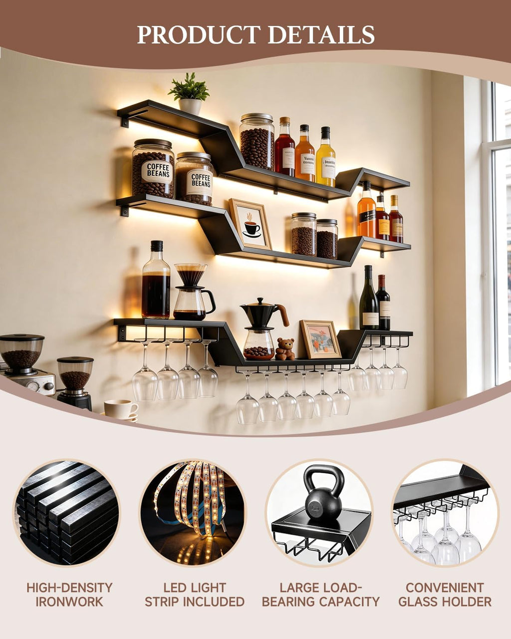 47.2 in Wall Mounted Wine Rack with Glass Holder,3-Tier | LED Light Floating Bar Shelves ,Wave Design, DIY Combinable, Heavy-Duty Metal Display for Home Bar, Cafe Decor