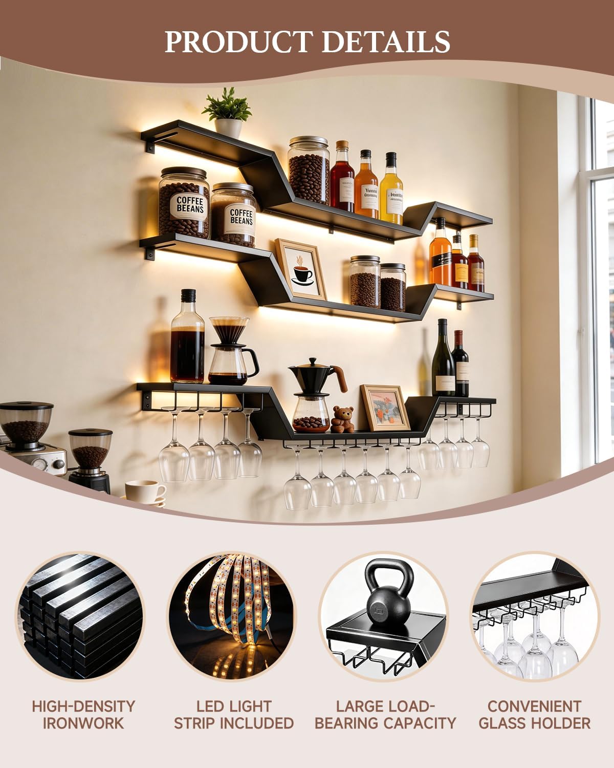 47.2 in Wall Mounted Wine Rack with Glass Holder,3-Tier | LED Light Floating Bar Shelves ,Wave Design, DIY Combinable, Heavy-Duty Metal Display for Home Bar, Cafe Decor