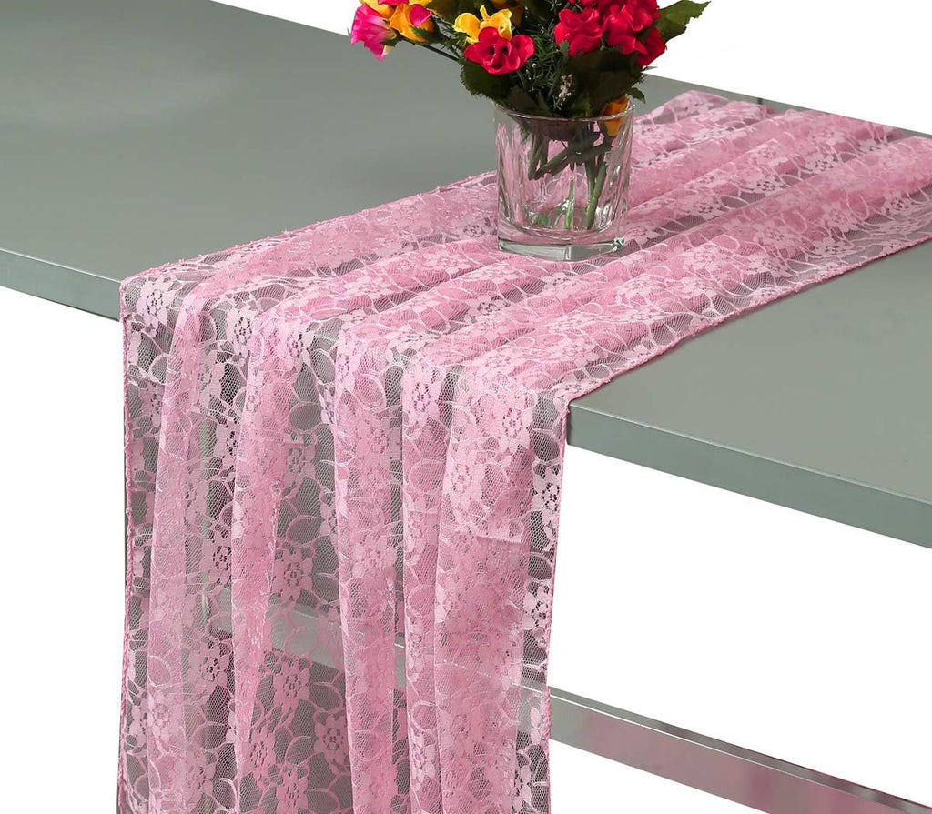 MDS Pack of 12 Wedding 27 x 170 inches Long Sheer lace Table Runner for Wedding Banquets Decorations Birthday Parties, Engagements, Rustic Boho for 14Feet Table Runners - Pink