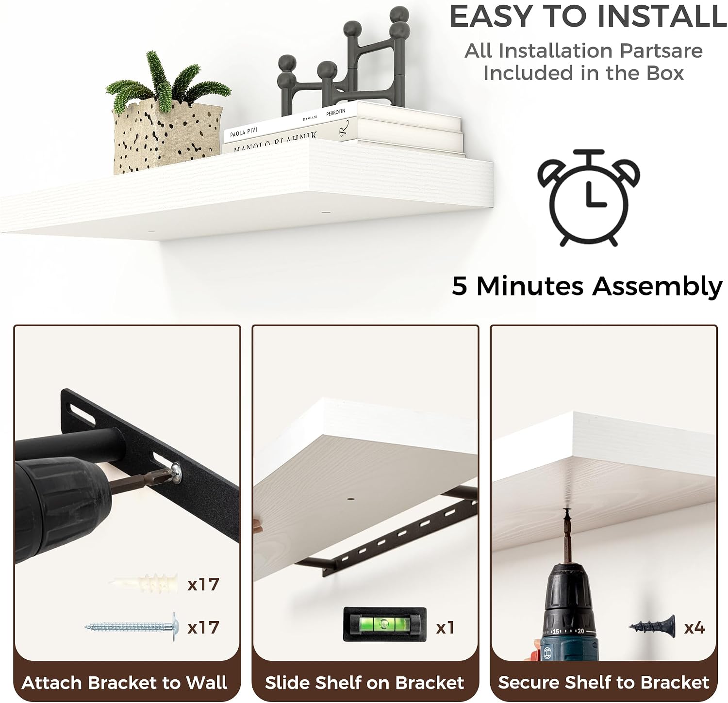 Venusmiles Floating Shelves for Wall, Engineered Wood Wall Shelves with Invisible Brackets for Living Room Bedroom Bathroom Office Kitchen Decor and Storage (White, 72' W x 9' D x 1.5' H) Set of 1