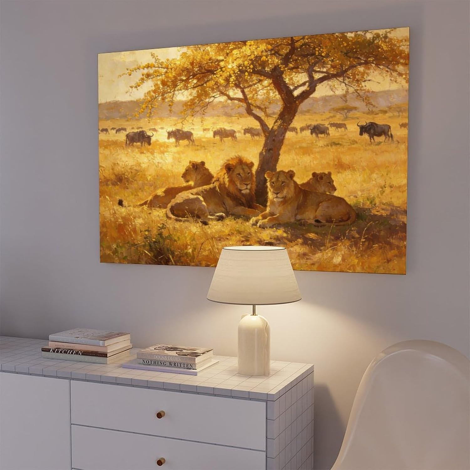 African Lions Wall Art Print, Lion Pride Resting Under Acacia Tree at Golden Sunset, Safari Wildlife Painting Poster 24x36inch(60x90cm)