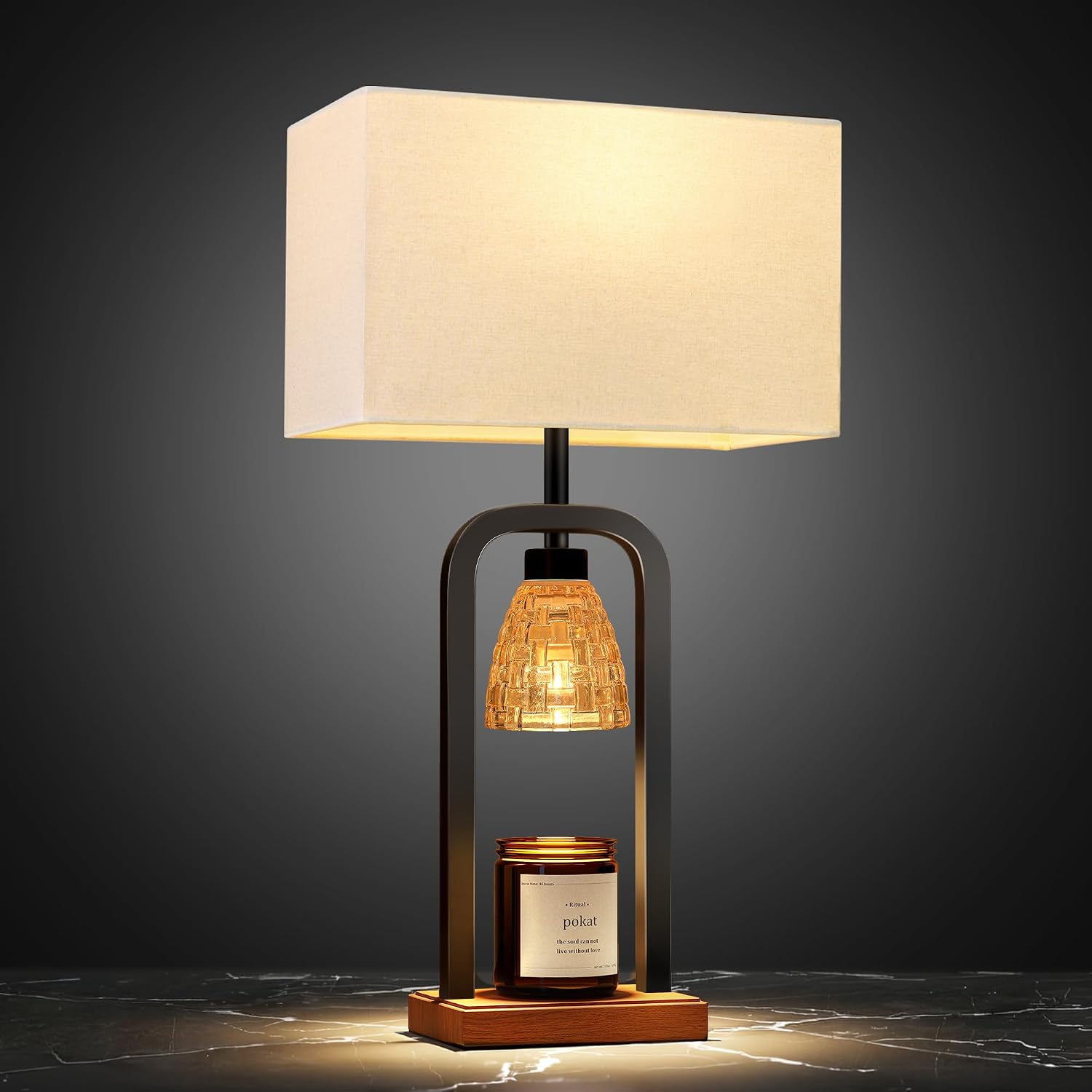 PoKat 21.5'' Lamp Candle Warmers Set of 2 Black, Farmhouse Candle Warming Lamps with Timer Dimmer & Wood-Like Base, Warmer Lamp Jar Candles, Table Lamps for Bedroom End Table Decor, Bulb Included