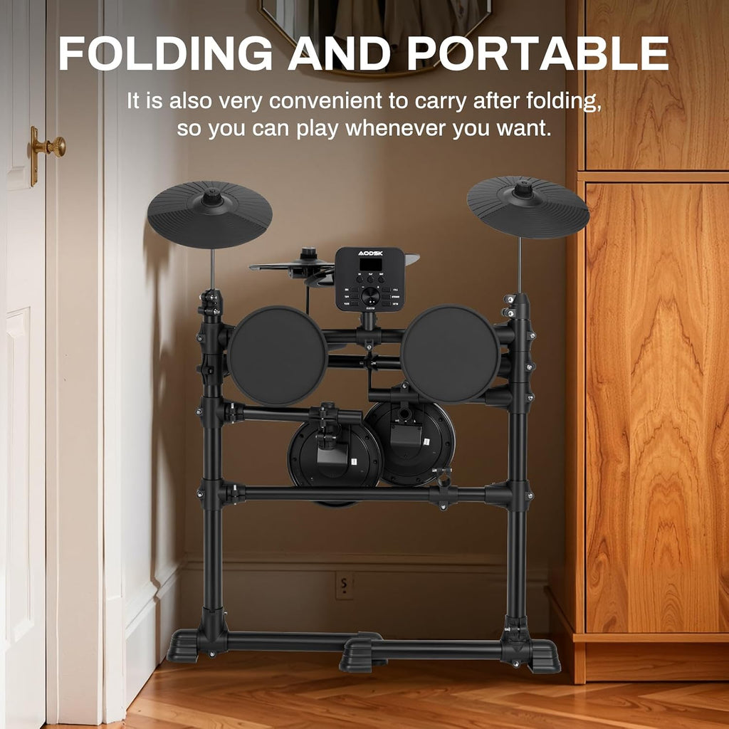 AODSK Electric Drum Set for Beginners with 241 Sounds,4 Quiet Drum Pads,2 Pedal,Throne,Sticks,Electronic Drum with Headphone,AED-400pro