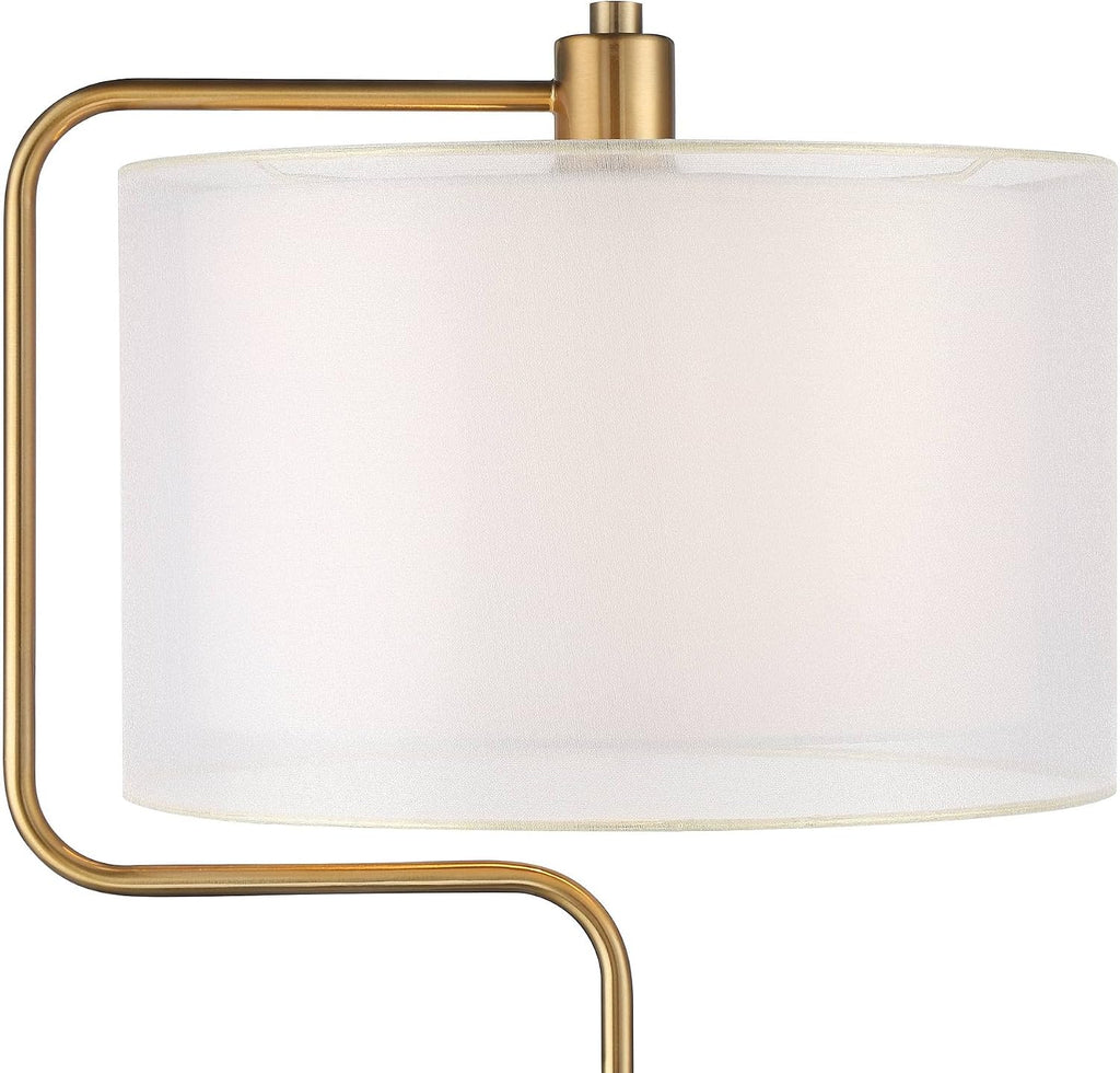 Possini Euro Design Carlyle 30.5' Tall Desk Lamp with USB Charging Ports and Outlet Mid Century Modern Warm Gold Double Drum Shades - Living Room Bedroom House Bedside Nightstand Home Office Family