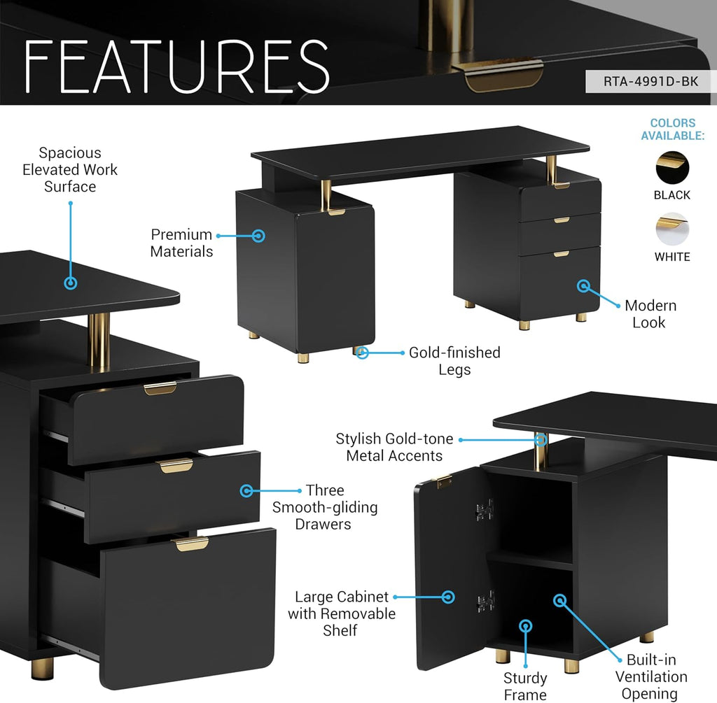 Elegant 57' W Executive Desk with 3 Drawers and Storage Cabinet, Modern Office Desk with Gold Accents, Floating Work Surface, Closed Storage with Ventilation & Adjustable Shelf (Black,Gold)