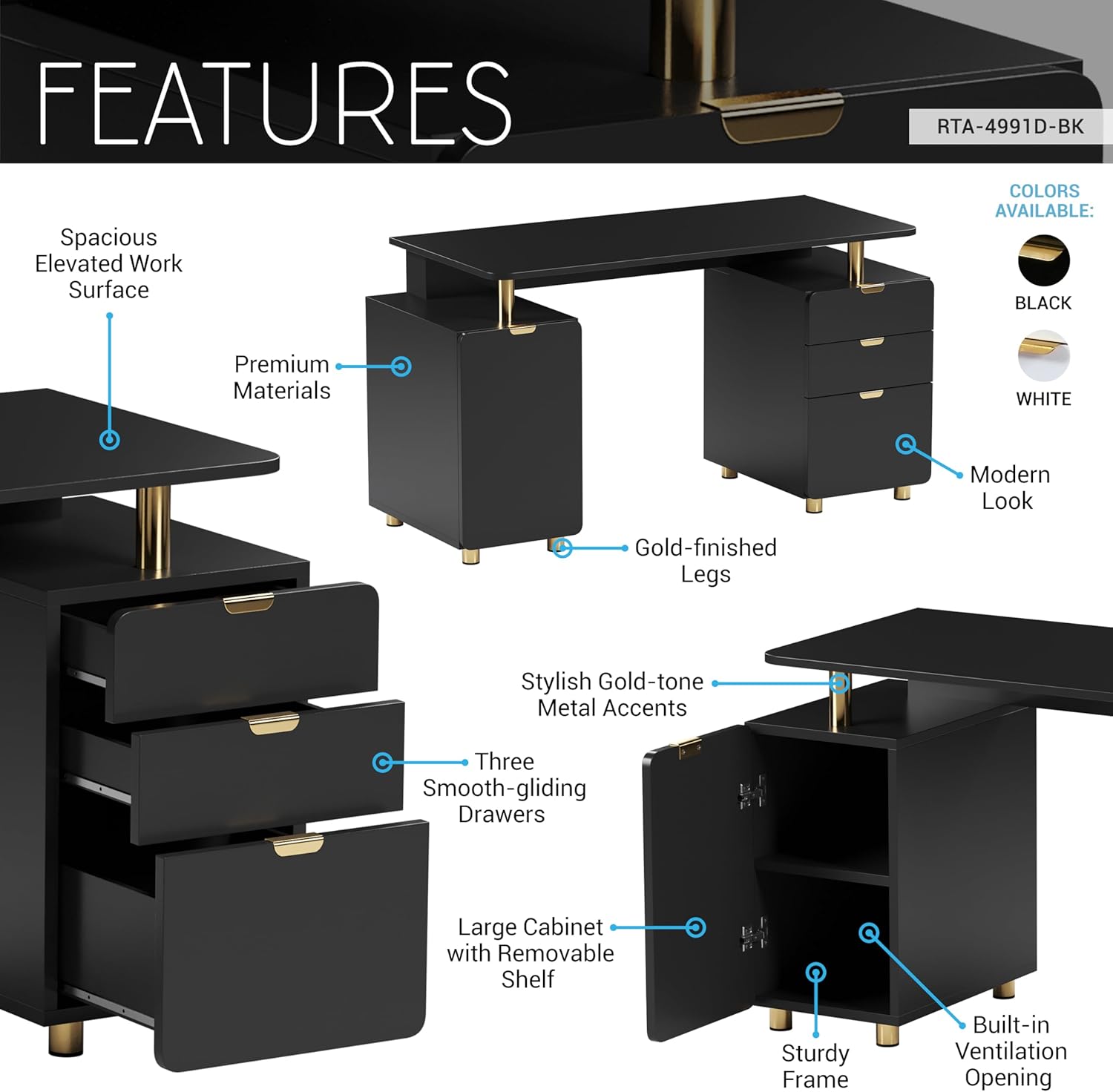 Elegant 57' W Executive Desk with 3 Drawers and Storage Cabinet, Modern Office Desk with Gold Accents, Floating Work Surface, Closed Storage with Ventilation & Adjustable Shelf (Black,Gold)
