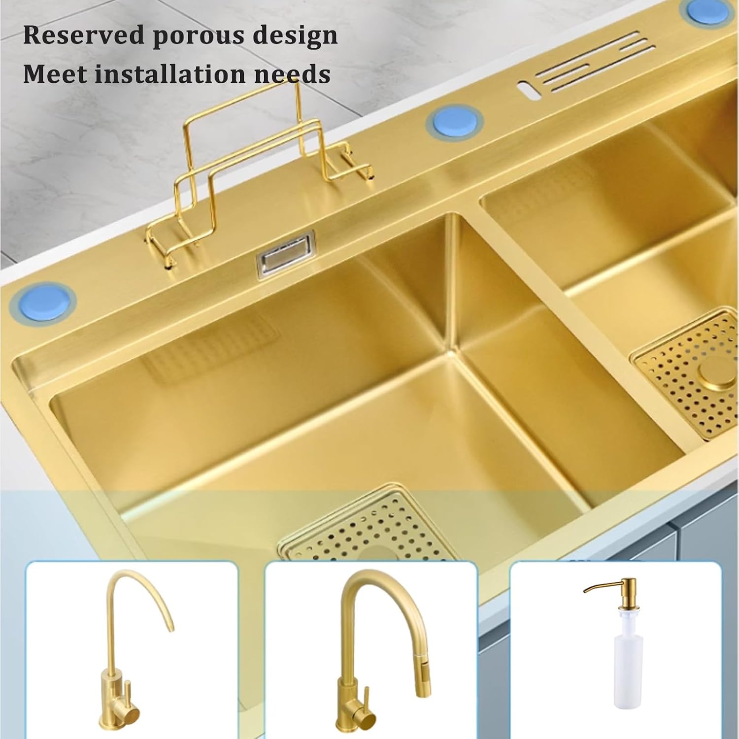 Golden Stainless Steel Sink Kitchen Double Bowl Sink Large Capacity Sink Golden Faucet Including Soap Dispenser and Other Accessories (