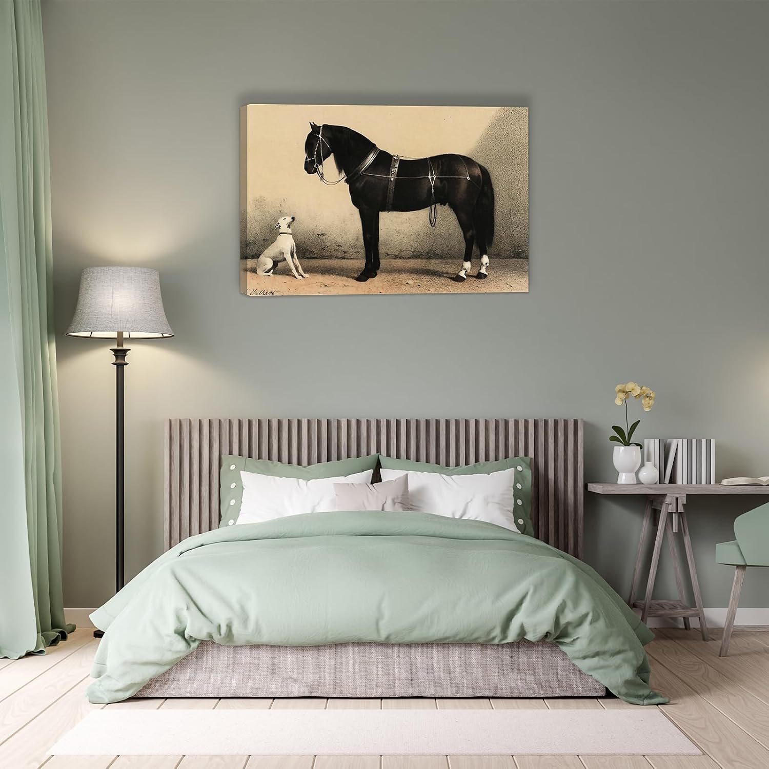 HoozGee Orloff Horse Art Prints by Emil Volkers Built-in Wooden Framed A Black Horse and A White Dog Classic Vintage Oil Painting Canvas Prints Gallery Wall Decor (48'x36' FRAME)