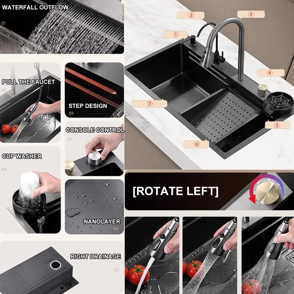 Single-Bowl Sink With Waterfall Pull-Down Faucet And Complete Accessory Set Versatile Stainless Steel Kitchen Workstation Sink (Color : Black, Size : 68x45x22cm) (Black 68x45x22cm)