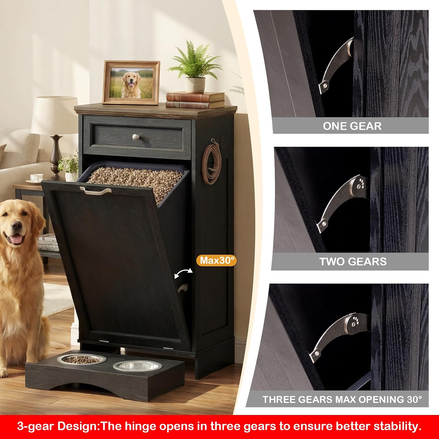 FIMELLO Dog Feeding Station, Tilt-Out Dog Food Storage Cabinet with Drawer,Pet Feeder Cabinet,Black Grain