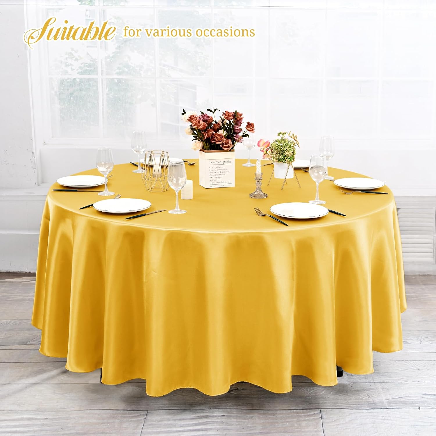 12 Pack 120 Inch Round Tablecloth, Gold Satin Fabric Table Cloth for Round Tables, Wrinkle Resistant Washable TableCover Bright Silk Table Clothes for Wedding Party Dining Tables Banquet