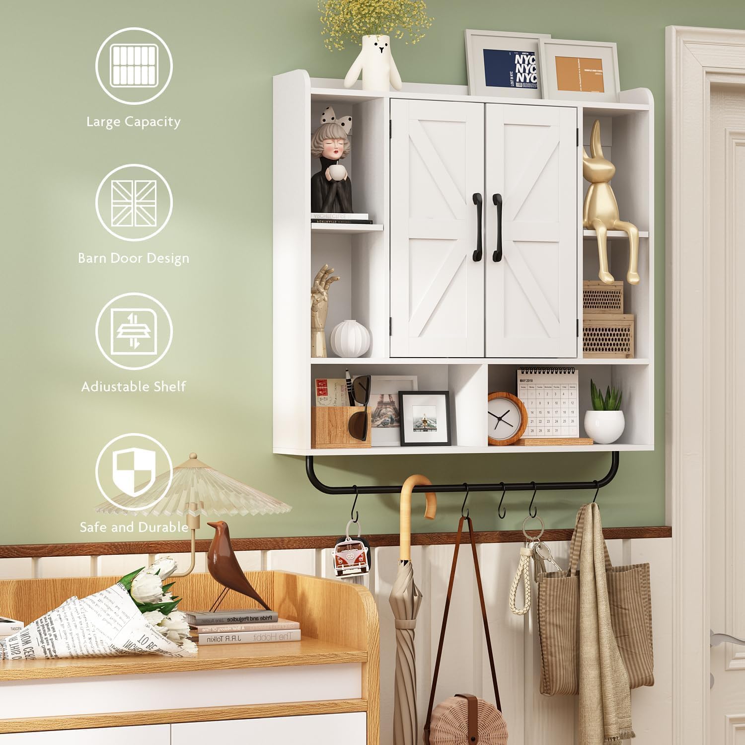RUSTOWN Rustic Wood Wall Bathroom Cabinet, Farmhouse Medicine Cabinet Wall Mounted, Space Saving Wall Storage Cabinet with 2 Barn Door, 3-Tier Adjustable Shelves and Towel Bar (White)