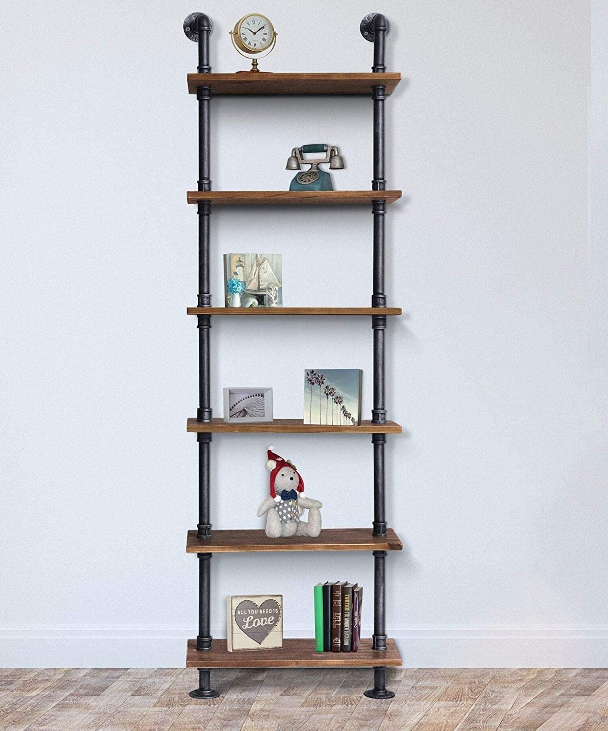 Industrial Wall Mounted Pipe Shelf 24inch Width Rustic Storage Wooden Shelves Vintage 6 Layers Book Shelf for Home Decor Office Living Room Bathroom Kitchen 79inch Height
