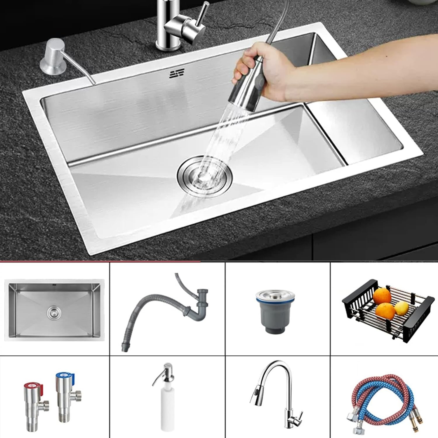 Stainless Steel Sink with Pullout Faucet Kitchen Sink Single Bowl Sink Undermount Sinks Apartment Sink Complete Accessories (55 * 40Cm