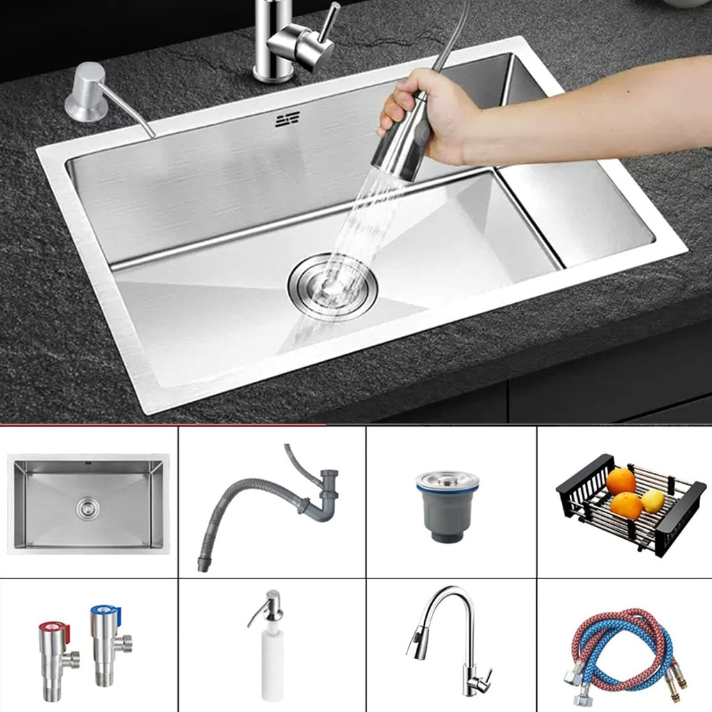 Stainless Steel Sink with Pullout Faucet Kitchen Sink Single Bowl Sink Undermount Sinks Apartment Sink Complete Accessories (75 * 45Cm