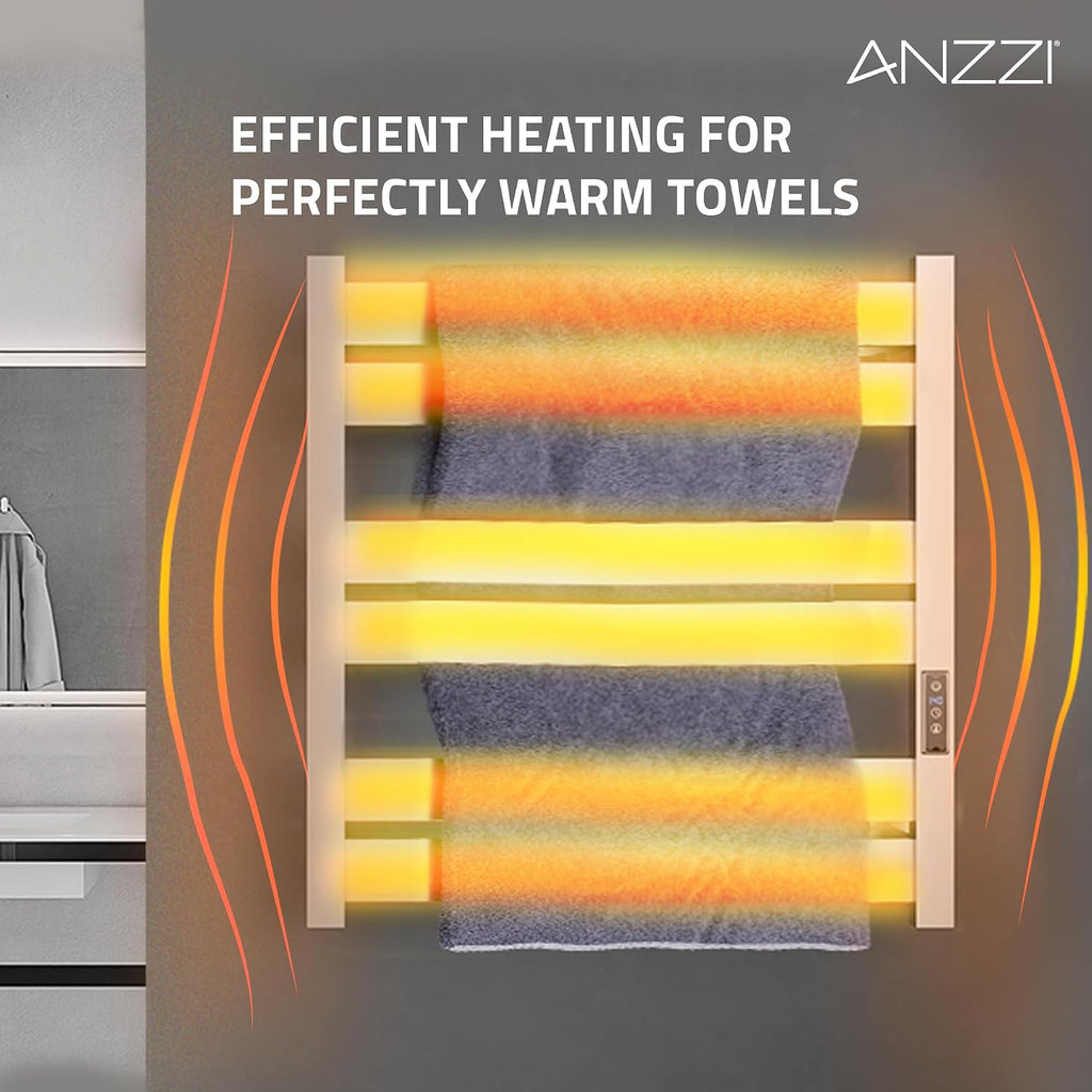 ANZZI Starling 6-Bar Wall Mounted Brushed Nickel Towel Warmer, Energy Efficient 80W Electric Plug in Heated Towel Rack for Bathroom, Stainless Steel Towel Heater Rail Quick Towel Dryer, TW-AZ025BN