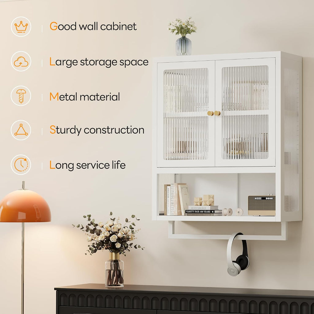 Bathroom Wall Cabinet with 2 Glass Door, Bathroom Medicine Cabinet with Towels Bar and Shelves, Over The Toilet Storage Cabinet, Metal Wall Mounted Cabinet for Kitchen (Upgraded White)