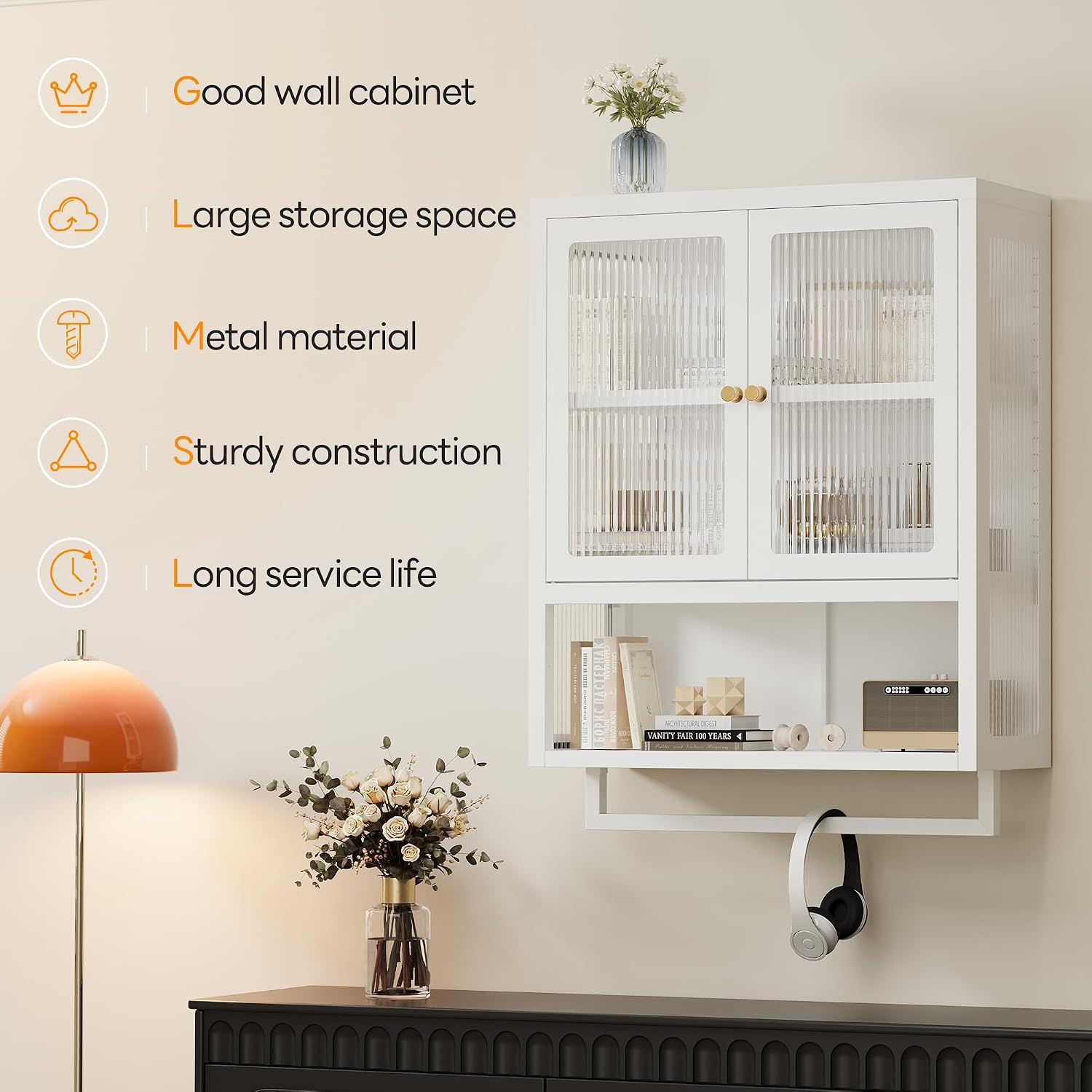 Bathroom Wall Cabinet with 2 Glass Door, Bathroom Medicine Cabinet with Towels Bar and Shelves, Over The Toilet Storage Cabinet, Metal Wall Mounted Cabinet for Kitchen (Upgraded White)