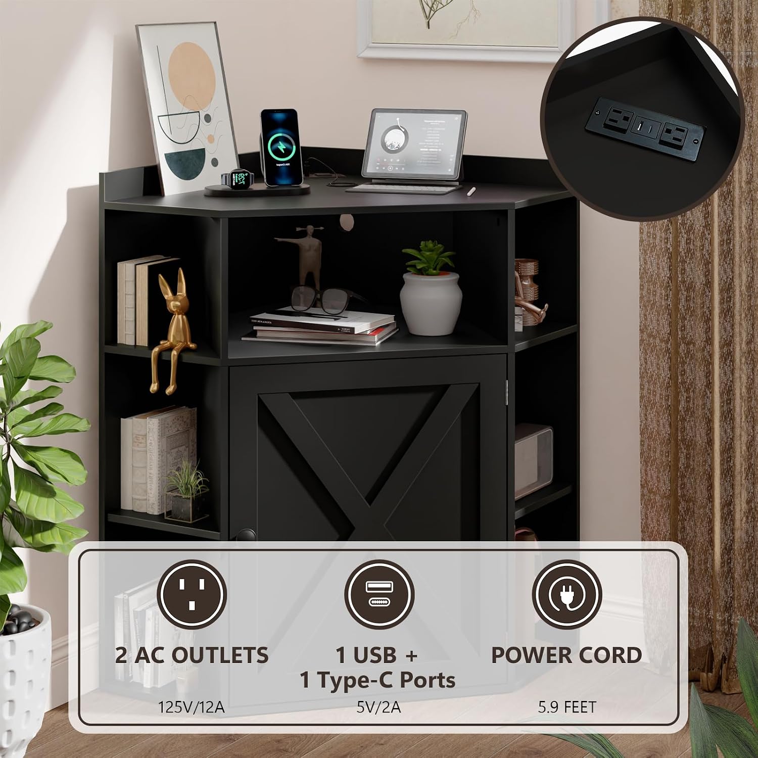 Halitaa Corner Storage Cabinet, Farmhouse Corner Bookshelf with Storage 6-Cubby Wooden Cabinet with USB Ports and Outlets Industrial Organizer for Small Space, Study, Playroom, Living Room, Black