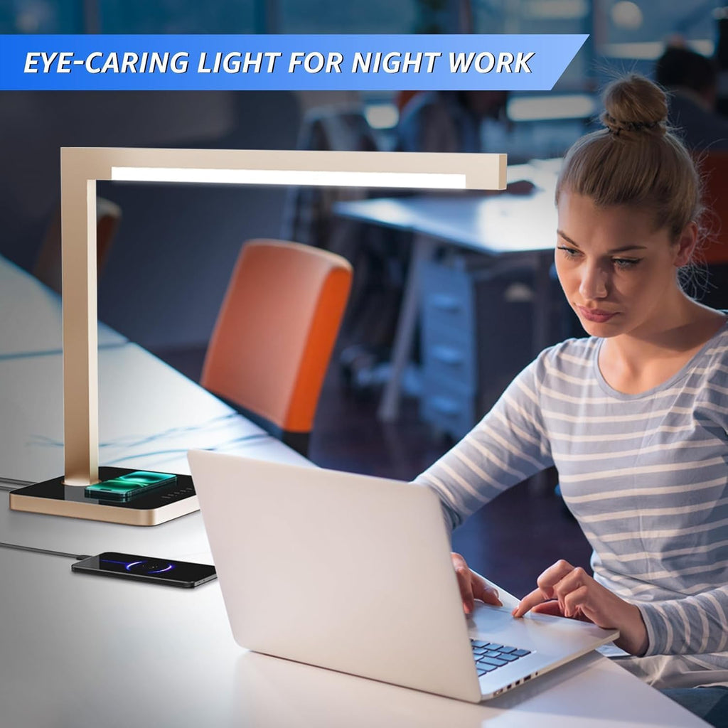 2 Pack Aluminum LED Desk Lamp with Charging Station, Large 15W Table Lamp with Type-C Ports & 4 CCT Modes(3000K-6000K), Dimmable Desk Light for Home Office,Bedroom (Includes Adapter)