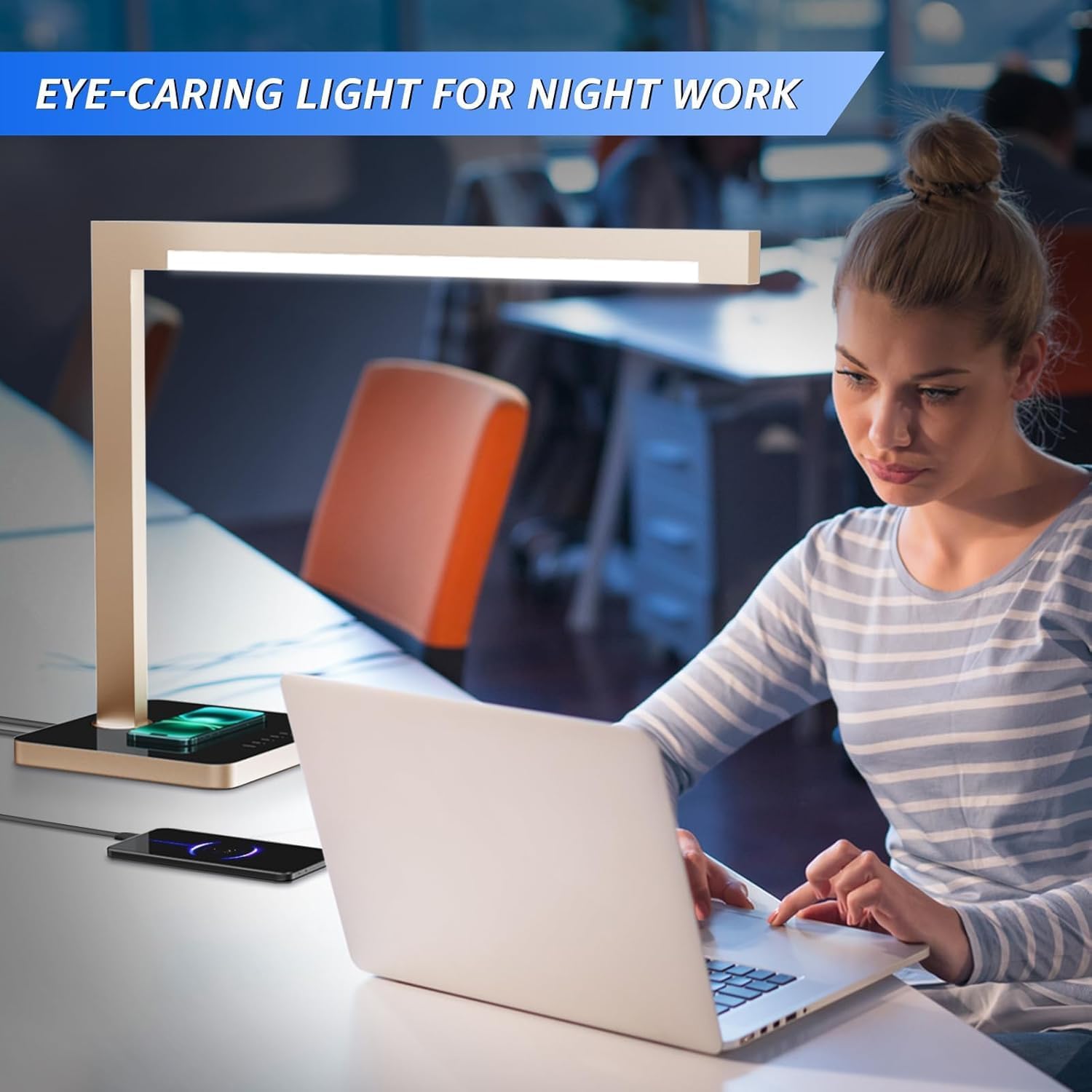 2 Pack Aluminum LED Desk Lamp with Charging Station, Large 15W Table Lamp with Type-C Ports & 4 CCT Modes(3000K-6000K), Dimmable Desk Light for Home Office,Bedroom (Includes Adapter)