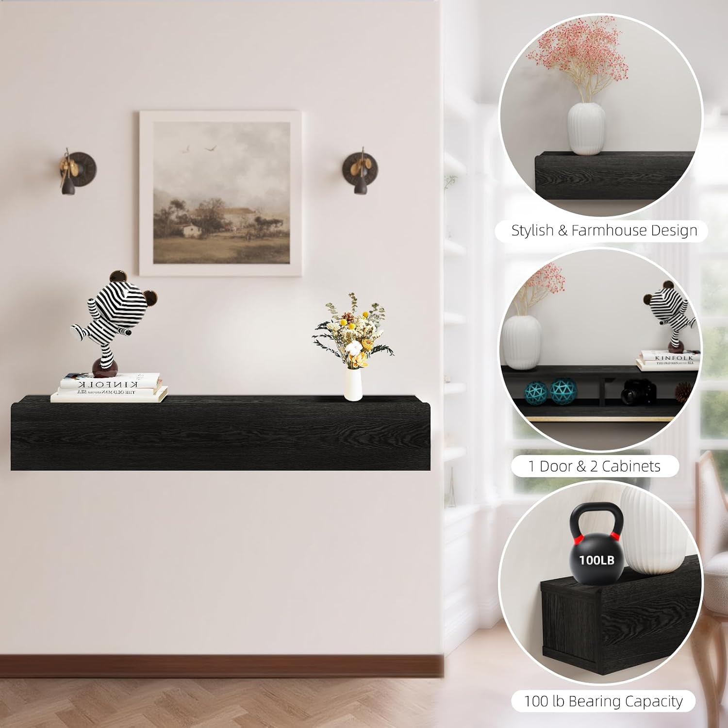 Floating Solid Wood Console Table, 47'' Wall Mounted Narrow Entryway Table with Storage Shelf, Modern Couch Shelves Small Entry Way Tables for Entryway, Front Hall, Hallway (Black)