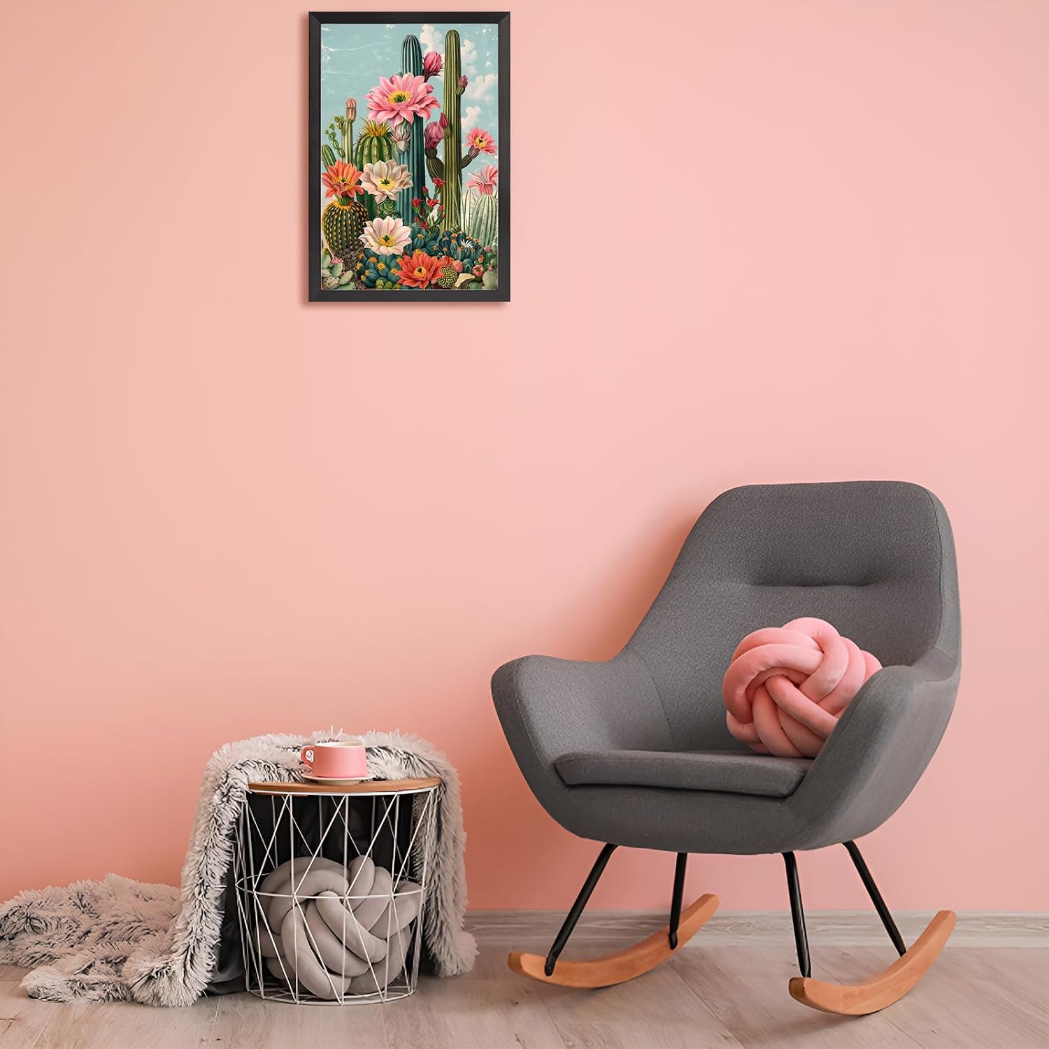 Black Framed Flat Boho Cactus Garden Poster Retro Tropical Succulent Canvas Wall Art Vibrant Flowers Sky Background Prints Painting For Home Bedroom Dorm Wall Decor 24x36in Black Framed Flat