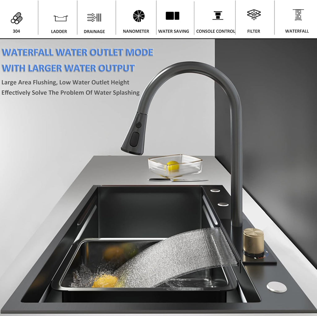 304 Stainless Steel Kitchen Waterfall Sink Multi-function Single Bowl Bar Sink Rv Sink With Faucet And Drainage Components Drop In Or Under Mount ( Color : Black , Size : 75x46x23.5cm ) (Black 75