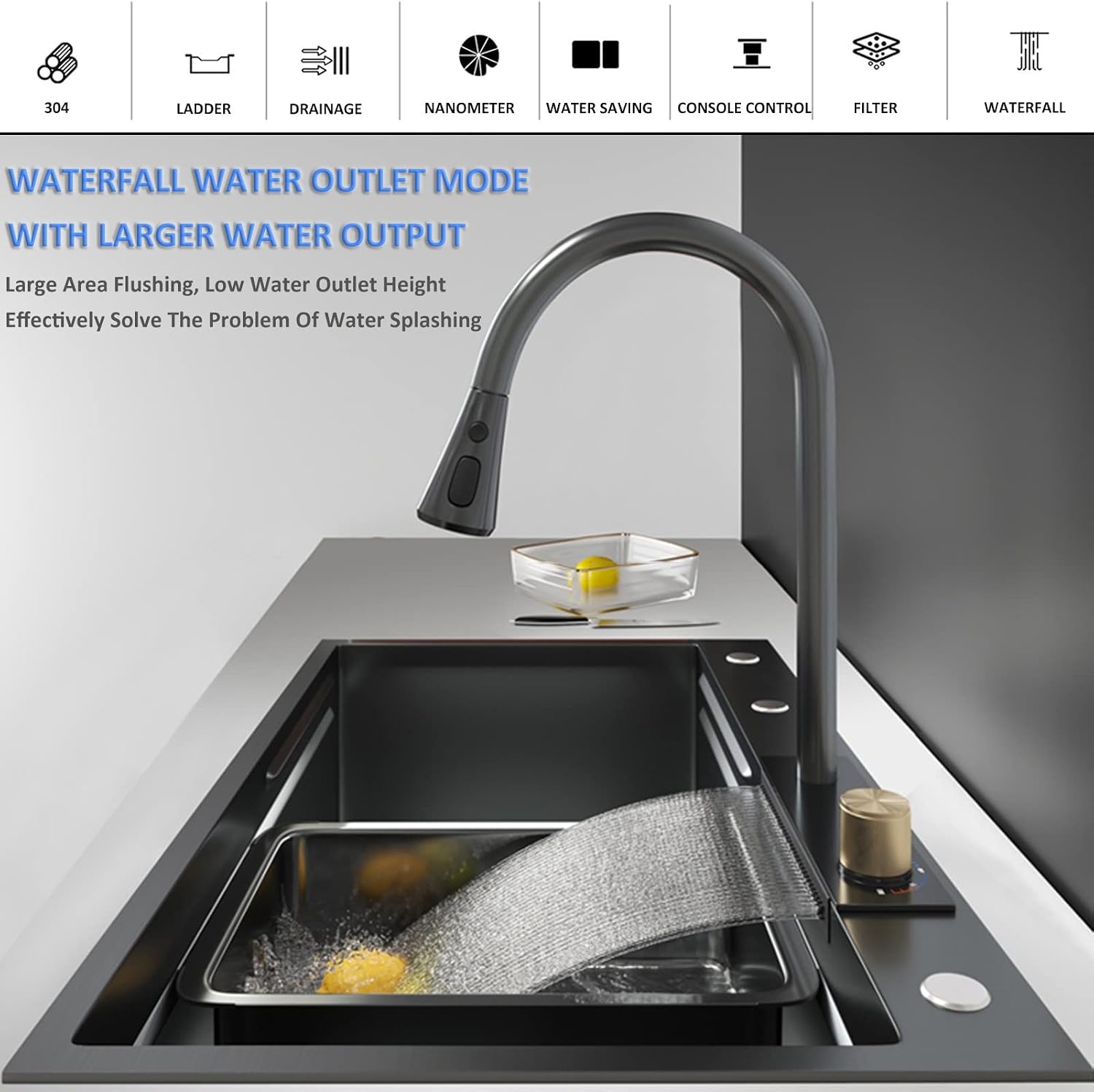 304 Stainless Steel Kitchen Waterfall Sink Multi-function Single Bowl Bar Sink Rv Sink With Faucet And Drainage Components Drop In Or Under Mount ( Color : Black , Size : 75x46x23.5cm ) (Black 75