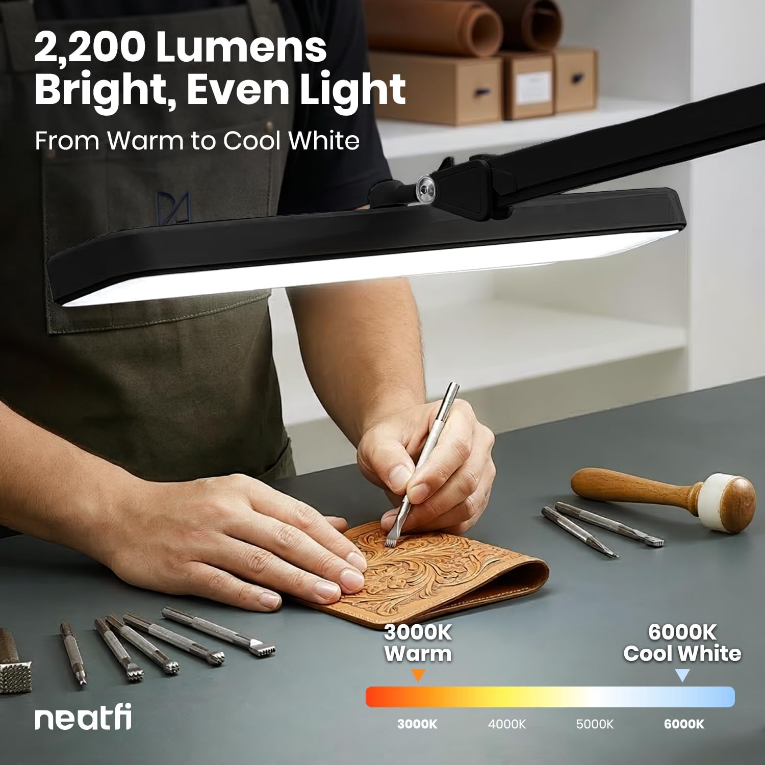 Neatfi XL 2,500 Lumens 30W LED Task Lamp with Clamp | 324 SMD LEDs | CCT | 5 Light Modes | 3000K–6000K | Dimmable | Adjustable Arm with Clamp | Desk Light for Home (Black, 22-Inch Wide Shade)