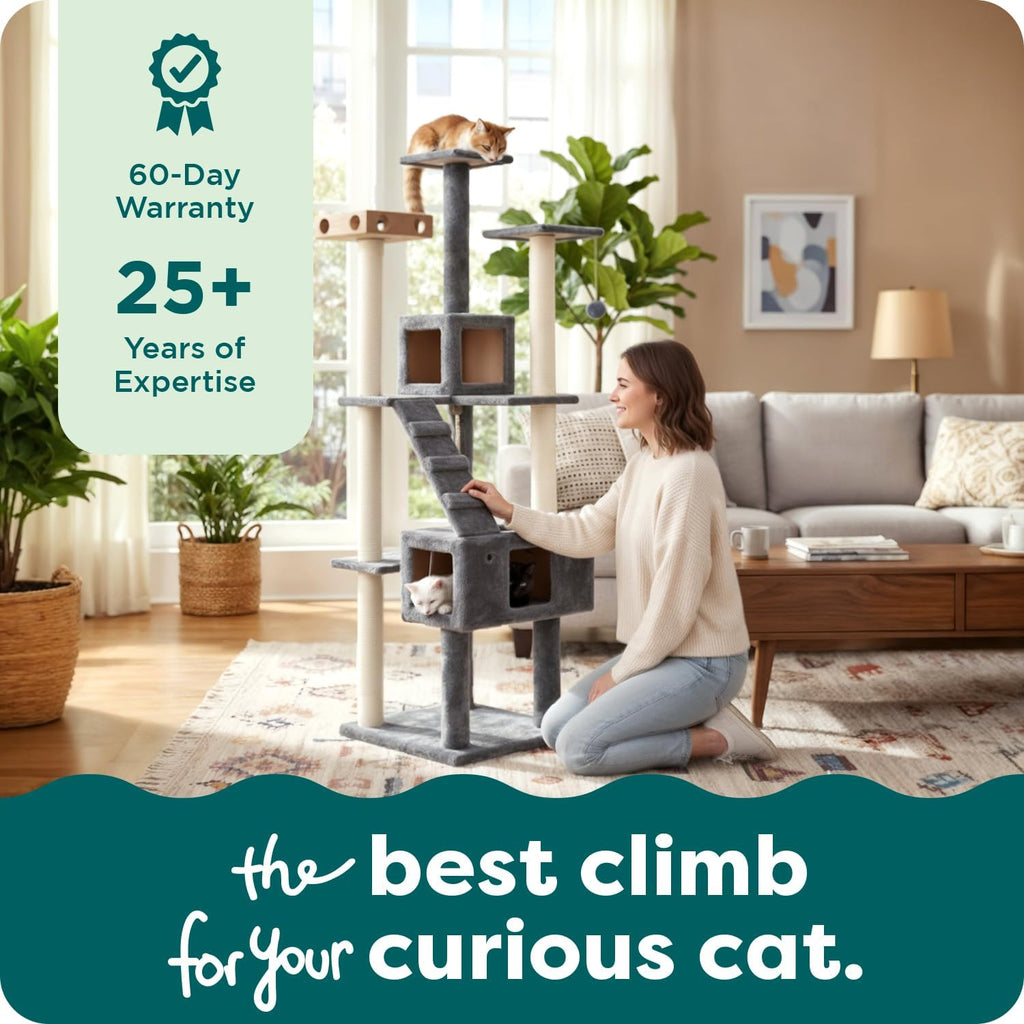FurHaven 69.3' Tall Cat Scratching Post Tower for Indoor Cats, Sisal Cat Tree with 2 Condos, Tiger Tough Double Decker Playground, Toys & Perches for Cats, Sisal, Cream