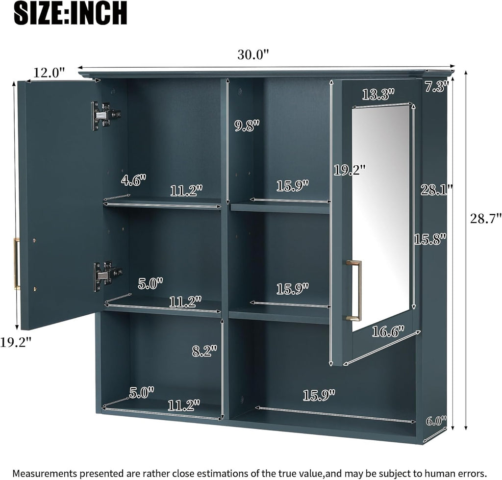 Merax 2-in-1 Bathroom Mirror Cabinet, 30 inch Wall Mounted Medicine Cabinet with Adjustable Shelves & Soft Close Doors, High-Define Mirror with Storage for Bathroom Vanity, Blue