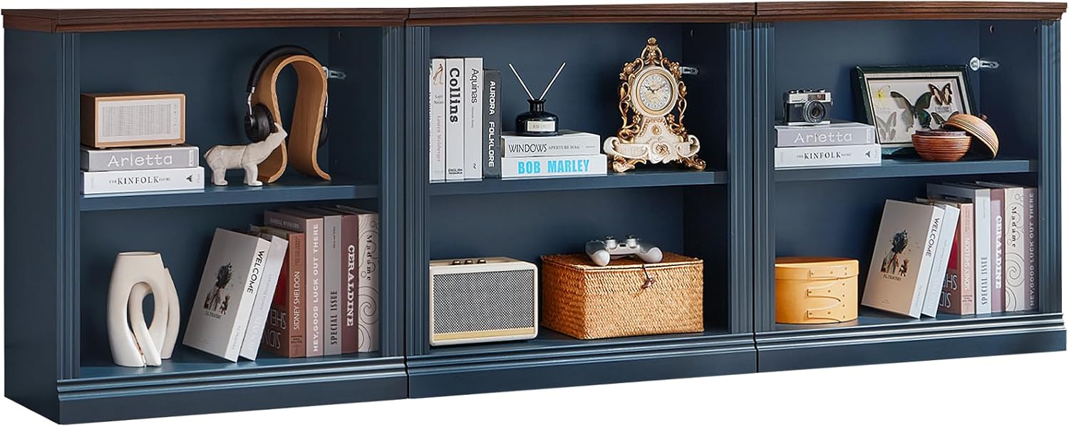 RWYHG 30' Blue Bookshelf Set of 3,2-Tier Thick Wood Book Shelf with Adjustable Shelve,Free Standing Farmhouse Bookcase with Open Display Storage,Floor Vintage Bookshelves for Living Room,Office