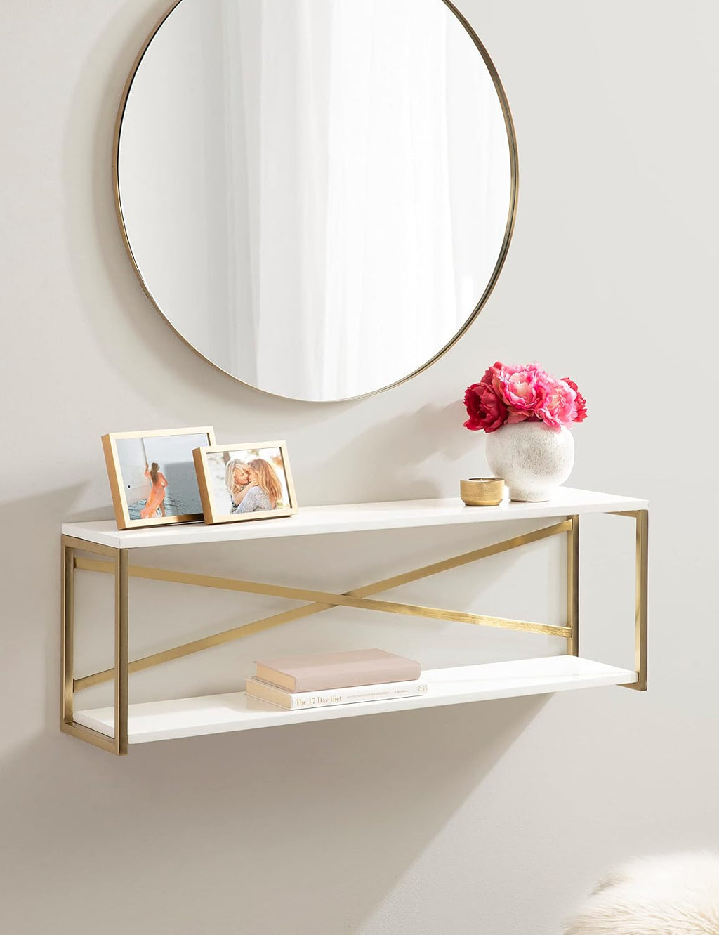Kate and Laurel Ascott Modern Glam Rectangle Floating Shelf; 36 x 12; White and Gold; Versatile 2-Tier Wide Wall Shelf for Living Room or Bedroom Display or Storage