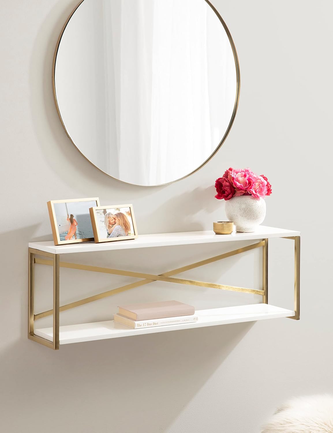 Kate and Laurel Ascott Modern Glam Rectangle Floating Shelf; 36 x 12; White and Gold; Versatile 2-Tier Wide Wall Shelf for Living Room or Bedroom Display or Storage