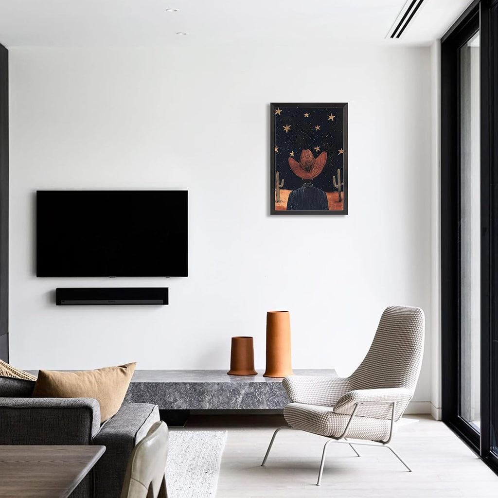 Black Framed Flat Vintage Starry Night Sky Poster Cowboy Hat Silhouette Cacti And Golden Stars Canvas Wall Art Western Prints Painting For Home Bedroom Dorm Wall Decor 24x36in Black Framed Flat