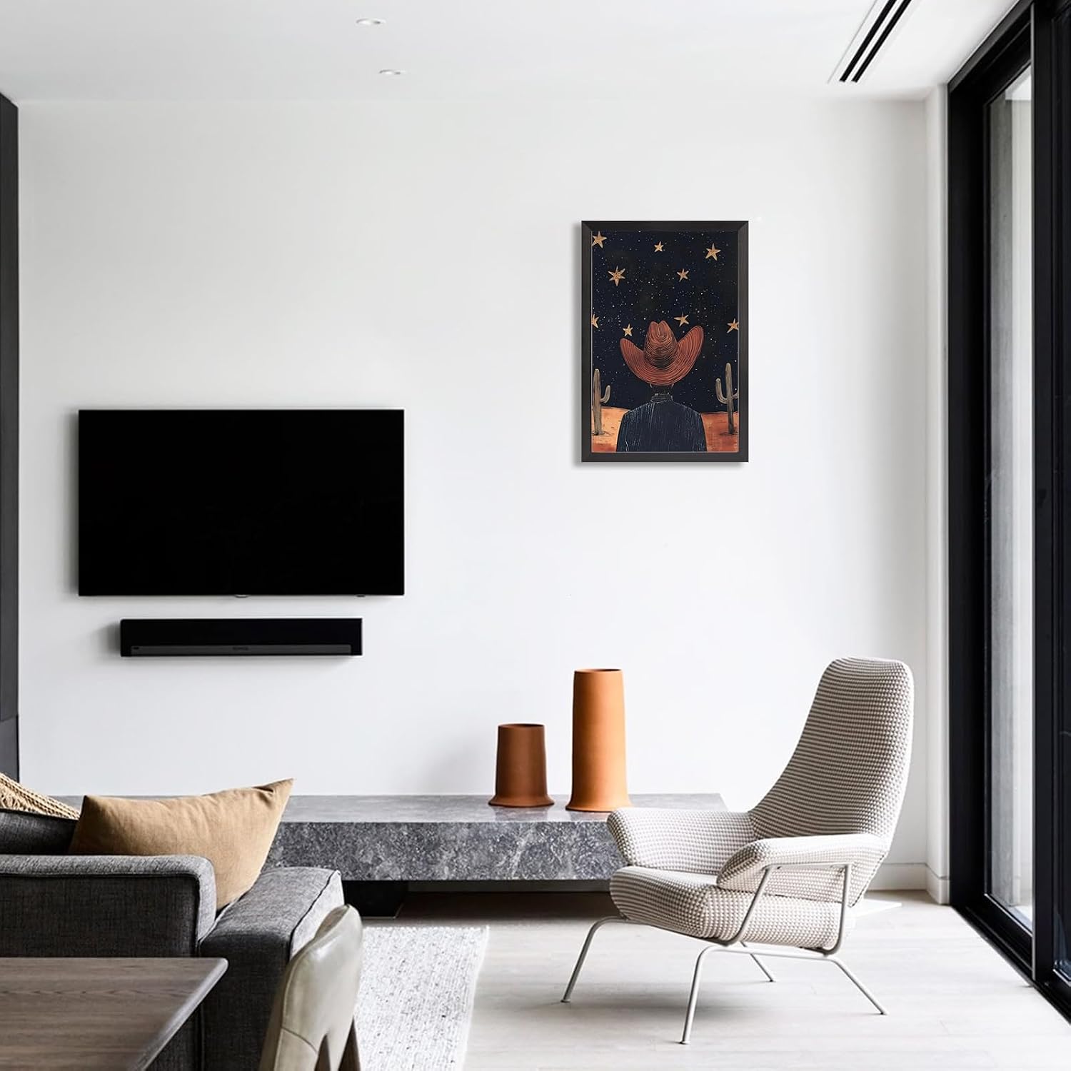 Black Framed Flat Vintage Starry Night Sky Poster Cowboy Hat Silhouette Cacti And Golden Stars Canvas Wall Art Western Prints Painting For Home Bedroom Dorm Wall Decor 24x36in Black Framed Flat