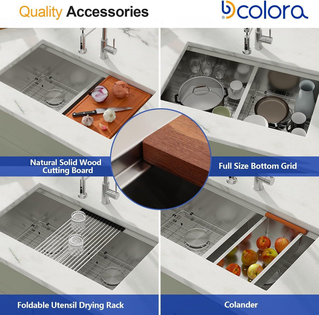 Dcolora 33 In. Double Bowl Kitchen Sink Undermount Sink Workstation Stainless Steel 50/50 Split Low Divided 16 Gauge Under Counter Basin, 33'x19'x10',DC-U-1111