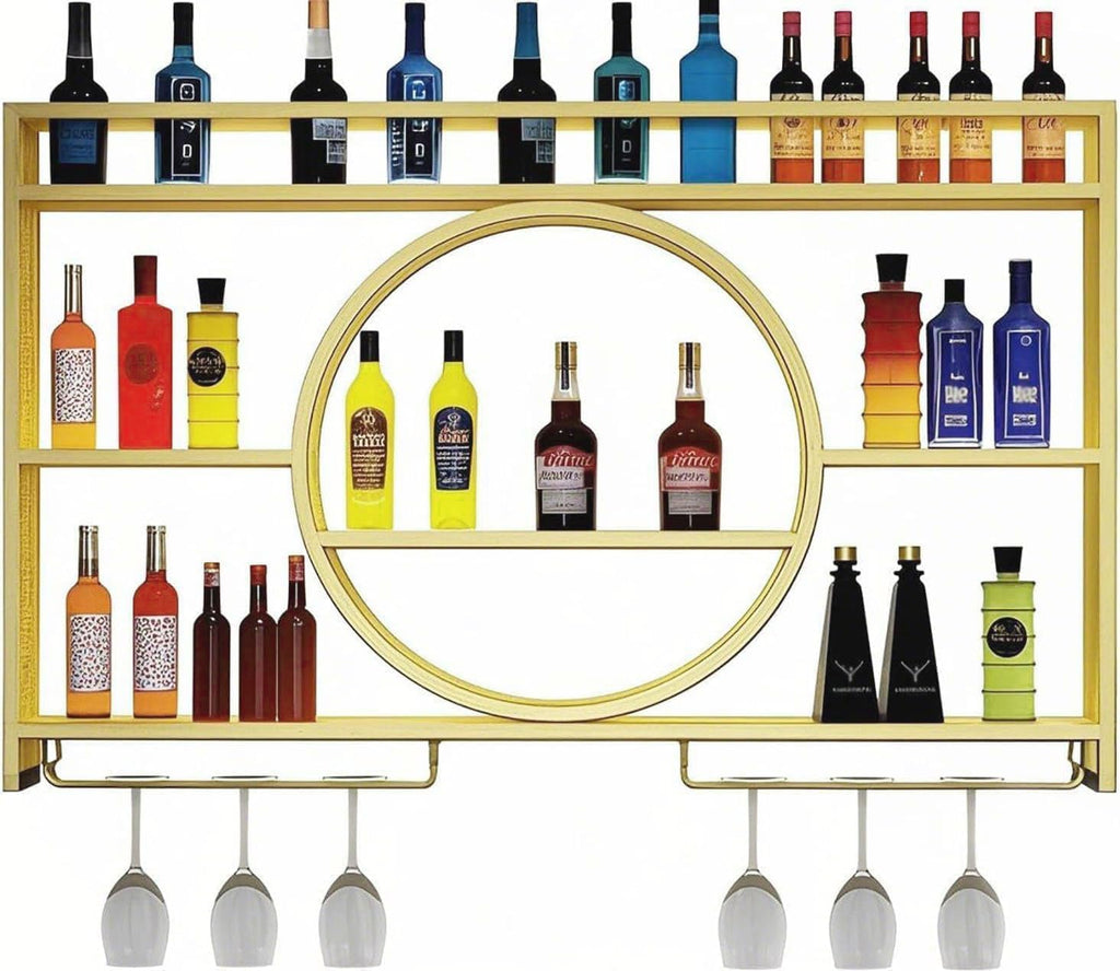 Wine Rack Wall Mounted with LED Light, 3-Tier Metal Bar Shelves for Liquor Bottles with Wine Glass Holder, Modern Large Capacity Liquor Display Shelf for Home Bar, Dining Room, Kitchen (Gold, 47.2in)
