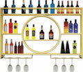 Wine Rack Wall Mounted with LED Light, 3-Tier Metal Bar Shelves for Liquor Bottles with Wine Glass Holder, Modern Large Capacity Liquor Display Shelf for Home Bar, Dining Room, Kitchen (Gold, 47.2in)