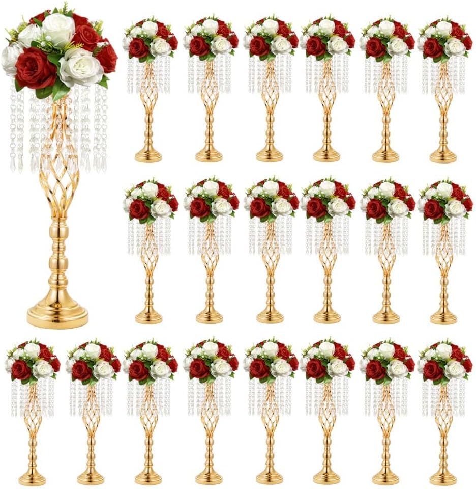 20 pcs 21.65 Inch Wedding Gold Flower Centerpieces Crystal Metal Flower Vase Wedding Centerpieces for Tables Decorations